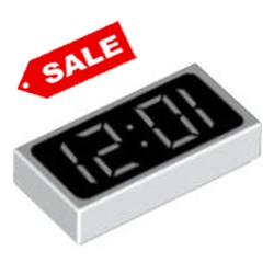 White Tile 1 x 2 with Clock Digital Pattern - '12:01' or '10:21'