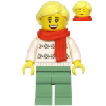 Woman, White Turtleneck Sweater, Sand Green Legs, Bright Light Yellow Hair, Red Scarf